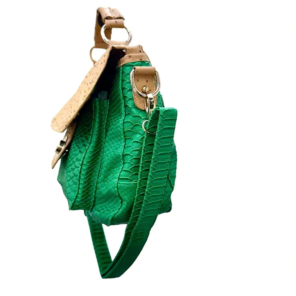 Francesca’s Collection Faux Ostrich Green Tan Crossbody Satchel